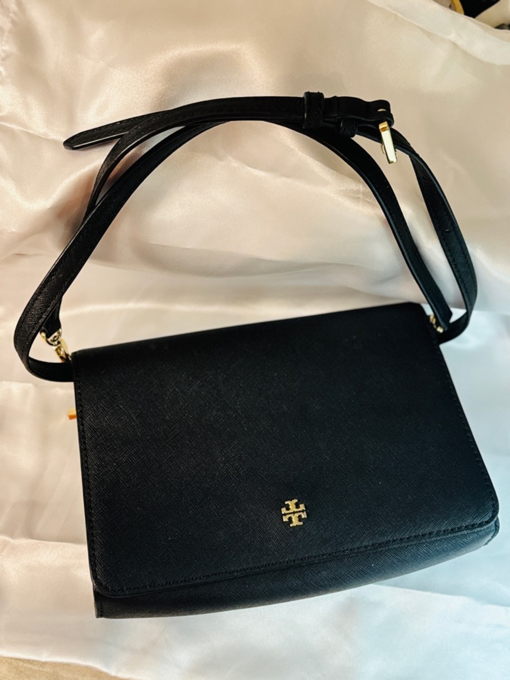 Tory Burch Black Saffiano Crossbody with Gold Logo